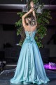Романтична бална рокля в цвят мента с асиметрична пола (RO99461)